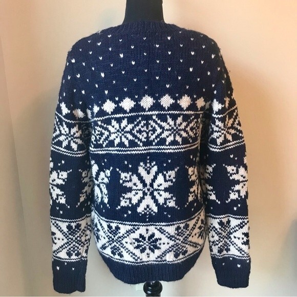 Fair Isle Sweater Wool Blend Sweater Chunky Knit Navy Blue White NWOT - Picture 8 of 9